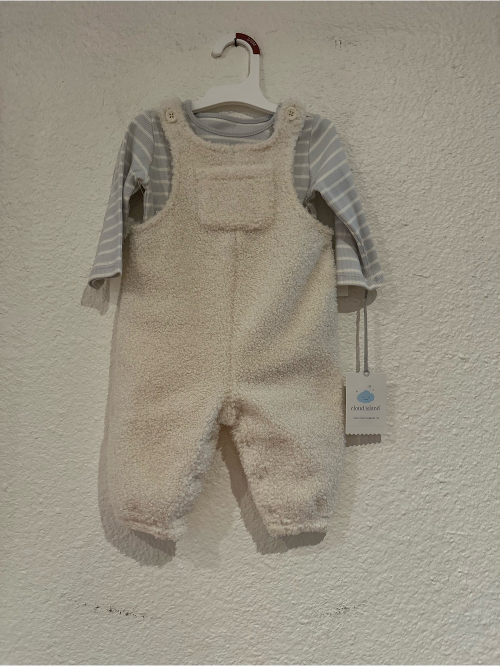 cloud island Cream Sherpa Overalls with Gray Stripe Tee